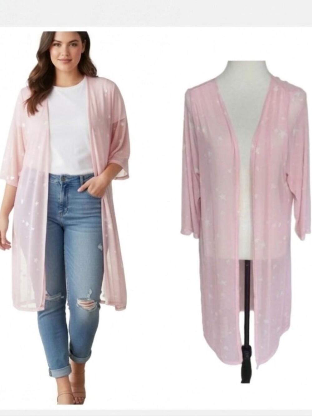 Sheer pink kimono topper with white stars Nel & Lo women's plus size 1X